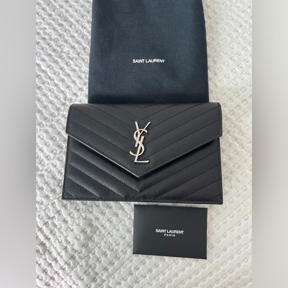 Saint Laurent Monogram Small Envelope Wallet on Chain/ Clutch - Black w Silver - Picture 5 of 9